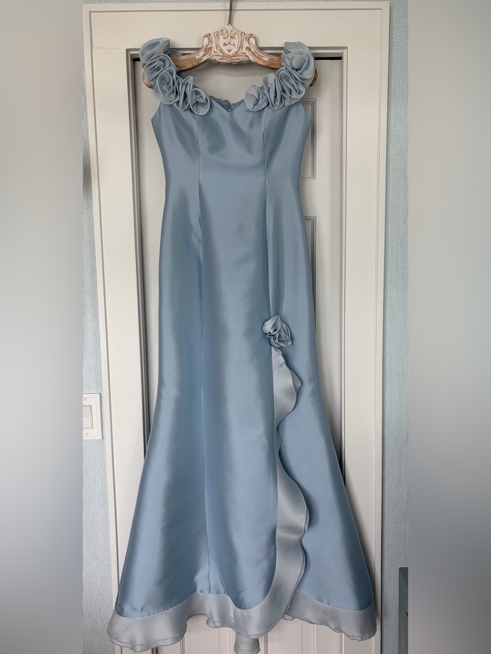 Elegant Light Blue Satin Wedding Dress with Rosette Accents